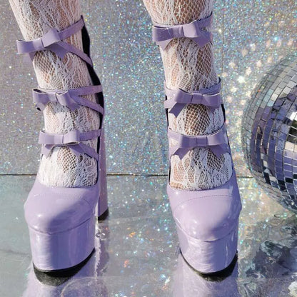 New Purple Lolita Sweet 15Cm High Heels Thick Bottom Bow Women's Round Head Hollow Out Buckle Single Shoes Size 36-47