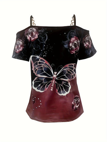 Charming Butterfly Print T-Shirt with Lace Trim & Chain Strap - Sexy Short Sleeve for Spring & Summer - Fashionable Womens Clothing for Warm Weather