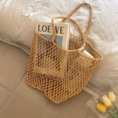 Luxurious Summer Tote Bag for Women - Large Capacity Cotton Rope Woven Shoulder Bag - Hollow Out No-Closure Handbag with Beachy Vibe and Stylish Design