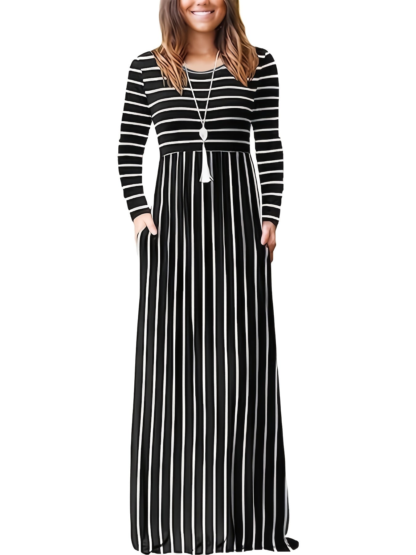 Fall/Winter Chic: Cozy Geometric High-Waist Maxi Dress with Crew Neck, Long Sleeves - Durable & Easy-Care, Perfect for Daily Wear