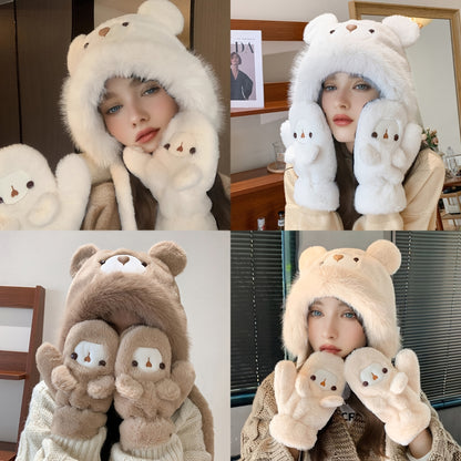 Cozy Cartoon Bear Plush Hat & Gloves Set - Thick, Warm Ear-Protecting Winter Cap with Cute Animal Design for Women