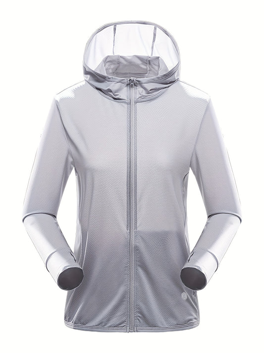 Lightweight Long Sleeve Cooling Ice Silk Hooded Jacket for Women - Breathable, Quick-Drying, Semi-Sheer, Solid Color, Casual Sports Top for Running, Hiking, Cycling - Polyester and Spandex Blend, Non-Stretch, Woven Fabric