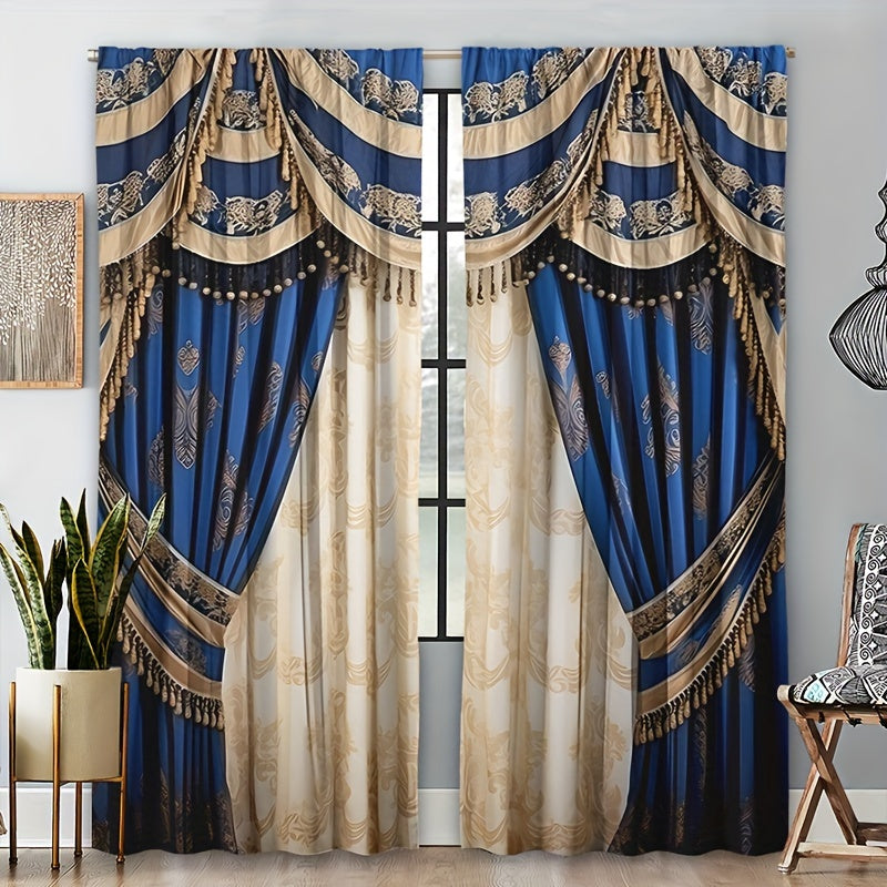 2pcs European-style Window Curtains 3D Digital Printing Rod Pocket Curtain For Living Room And Bedroom Home Decor