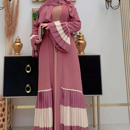 Elegant Long Sleeve Maxi Abaya Dress - Soft Polyester Fabric, Micro Elasticity, Machine Washable, Solid Color, Spring/Summer/Fall Wear, Frill Details - Womens Elegant Clothing for Special Occasions