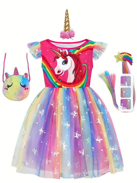 Girl's Princess Dress With Accessories Set, Unicorn Print Mesh Dress, Fairy Tale Character Cosplay Costume, Kids Clothes For Halloween Holiday Party Prom Birthday Performance