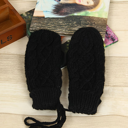 Monochrome Twist Knit Mittens Thickened Velvet Lined Soft Warm Gloves Autumn Winter Coldproof Hanging Neck Riding Gloves