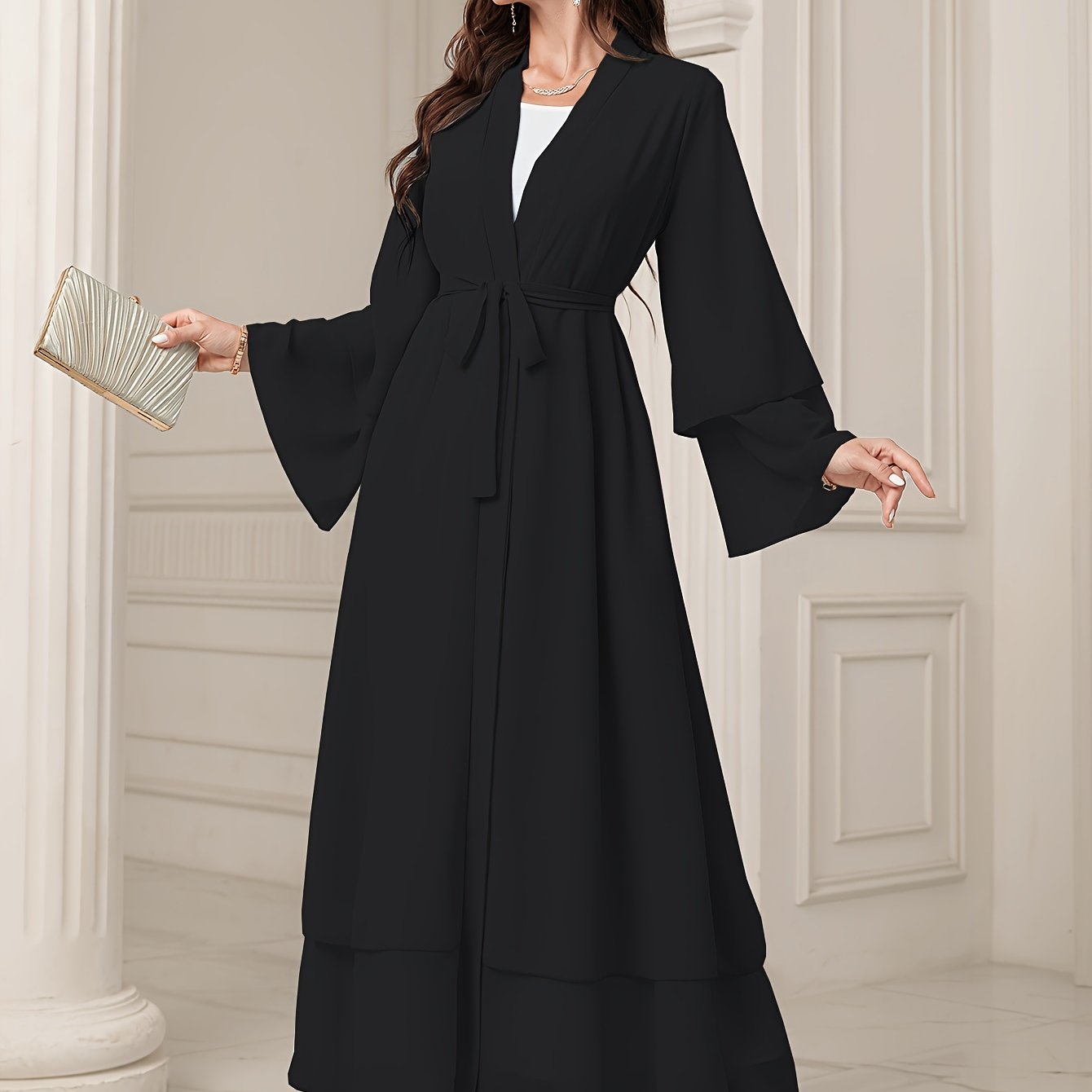 Long Sleeve Elegant Modest Cover Up Dress - Semi-Sheer, Solid Color, Polyester, Loose Fit, Middle East Style, Woven, No Elasticity, Perfect for All Seasons