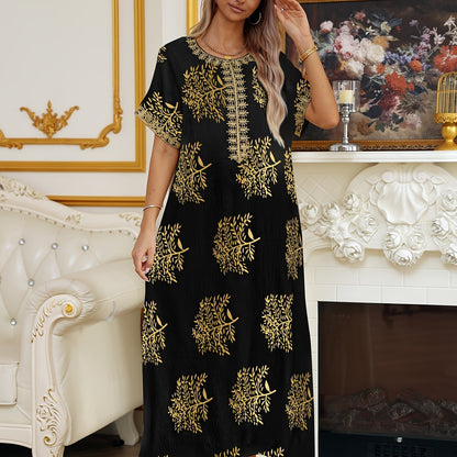 Long Sleeveless Crew Neck Maxi Abaya Dress - Stylish Tribal Pattern, Micro Elastic Polyester Fabric, Elegant Middle East Style - Perfect for All Seasons