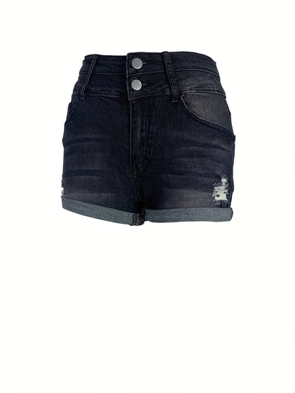 Mid-Stretch Solid Color Denim Shorts with Rolled Hem and Slash Pockets - Comfortable Casual Wear for Summer - Machine Washable, No Dry Clean, Woven Fabric