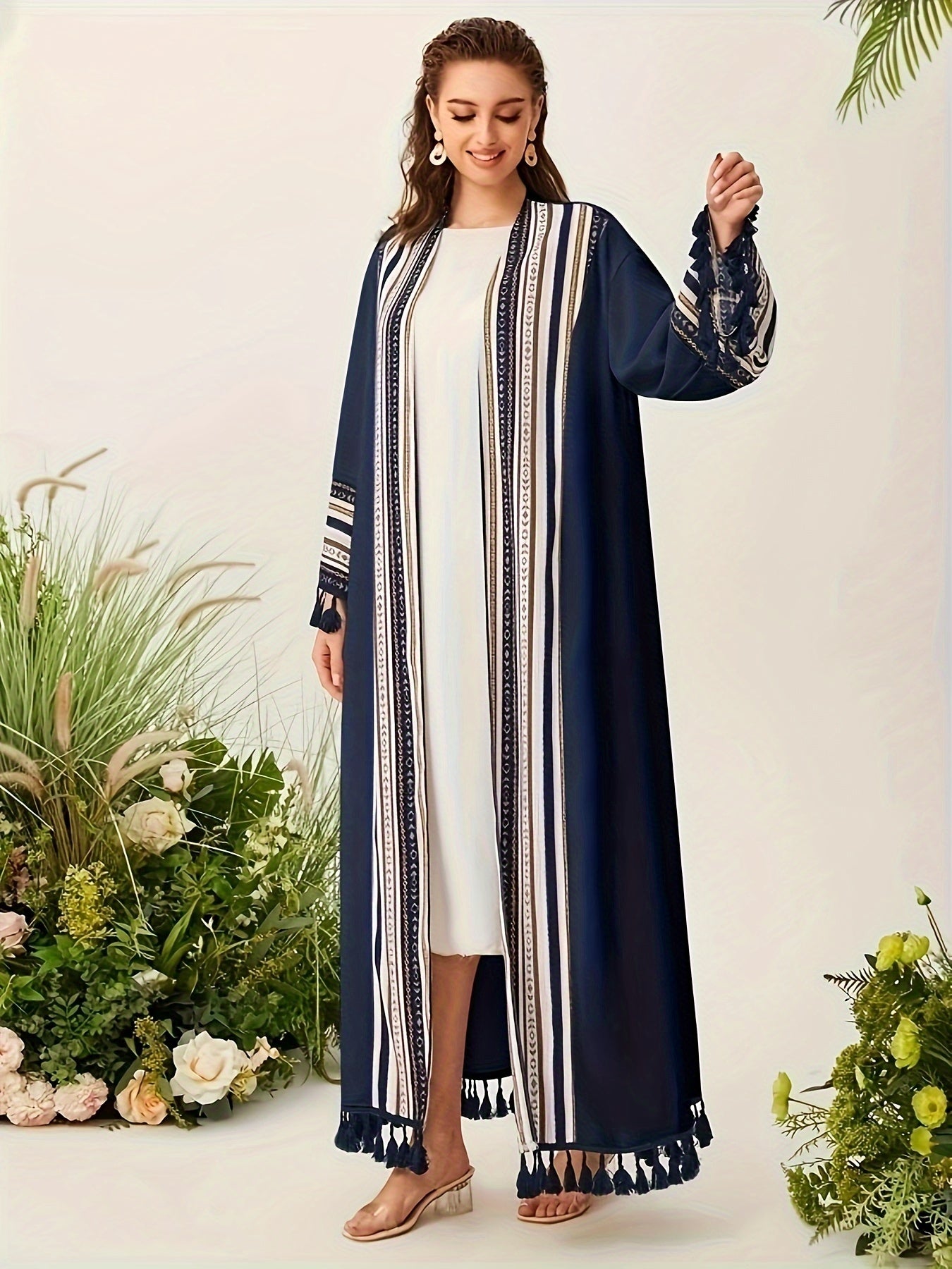 Luxurious Long Sleeve Abaya Robe - Elegant Tassel Hem, Polyester Fabric, Machine Washable, Solid Color, Middle East Style, Perfect for All Seasons - Womens Clothing