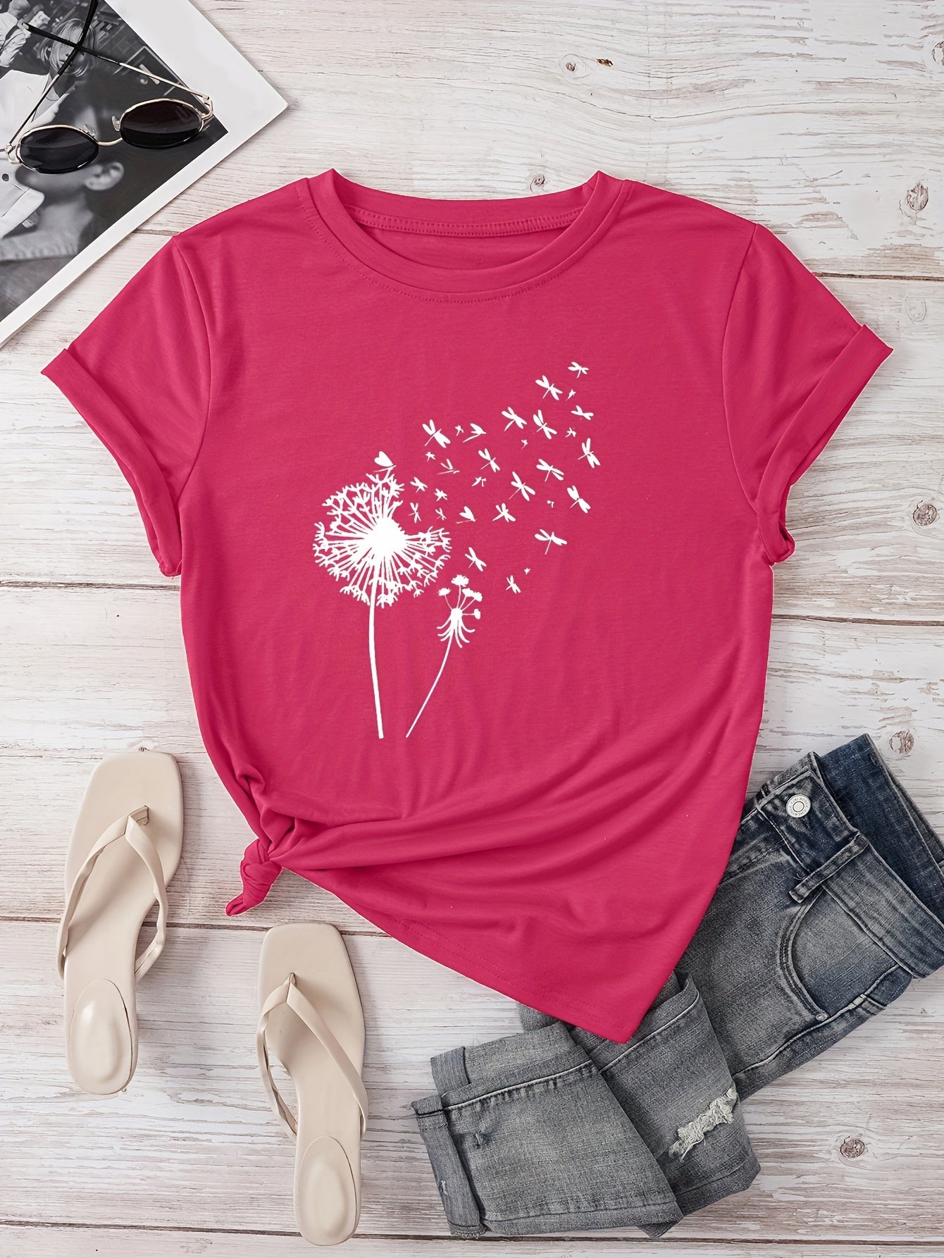 Vibrant Dandelion Print Crew Neck T-Shirt - Soft Micro Elasticity Polyester Fabric, Casual Short Sleeve Top for Spring & Summer, Womens Regular Fit Clothing with Random Plant Pattern