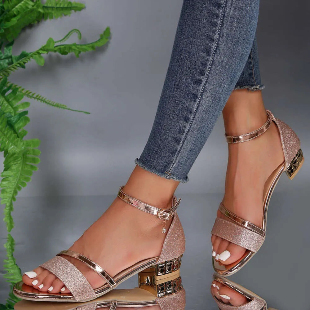 Women Sandals  Casual Women's Open Toe Summer Gold Shoes Square Female Ankle Strap Low Heels Footwear Woman