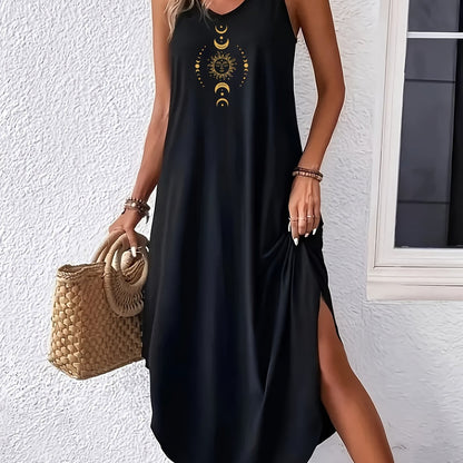 IKEARLAX Curvy Hem Cami Dress - Sleek Sleeveless Design, Delicate Spaghetti Strap Detailing, Comfortable Loose Fit for a Relaxed Silhouette, Flowing Maxi Dress Style - Exclusively Designed for Women, Unique Moon Print Pattern, Womens Clothing