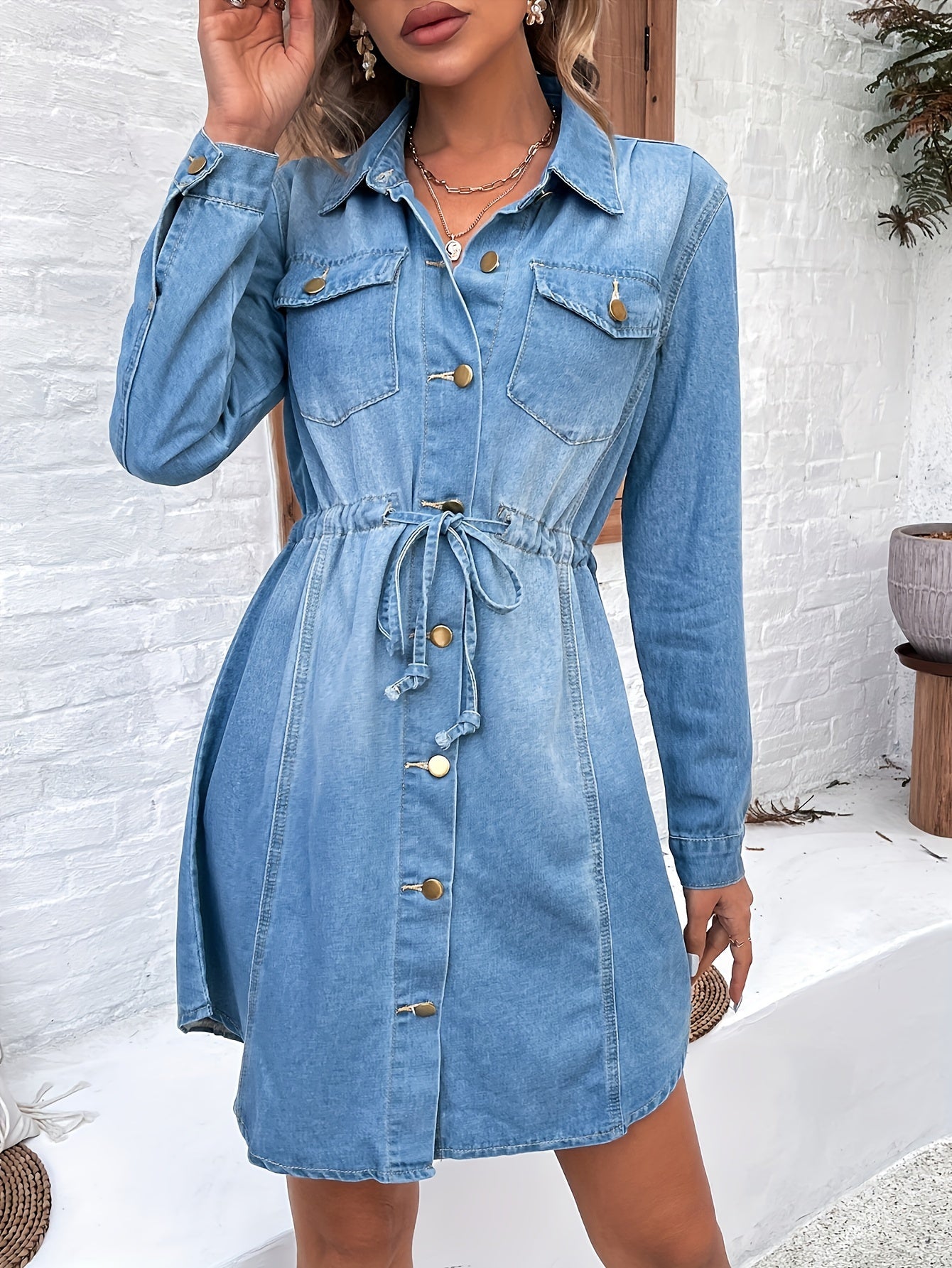 Plain Washed Blue Drawstring Waist Single-breasted Casual Denim Shirts Dress, Women's Denim Jeans & Clothing