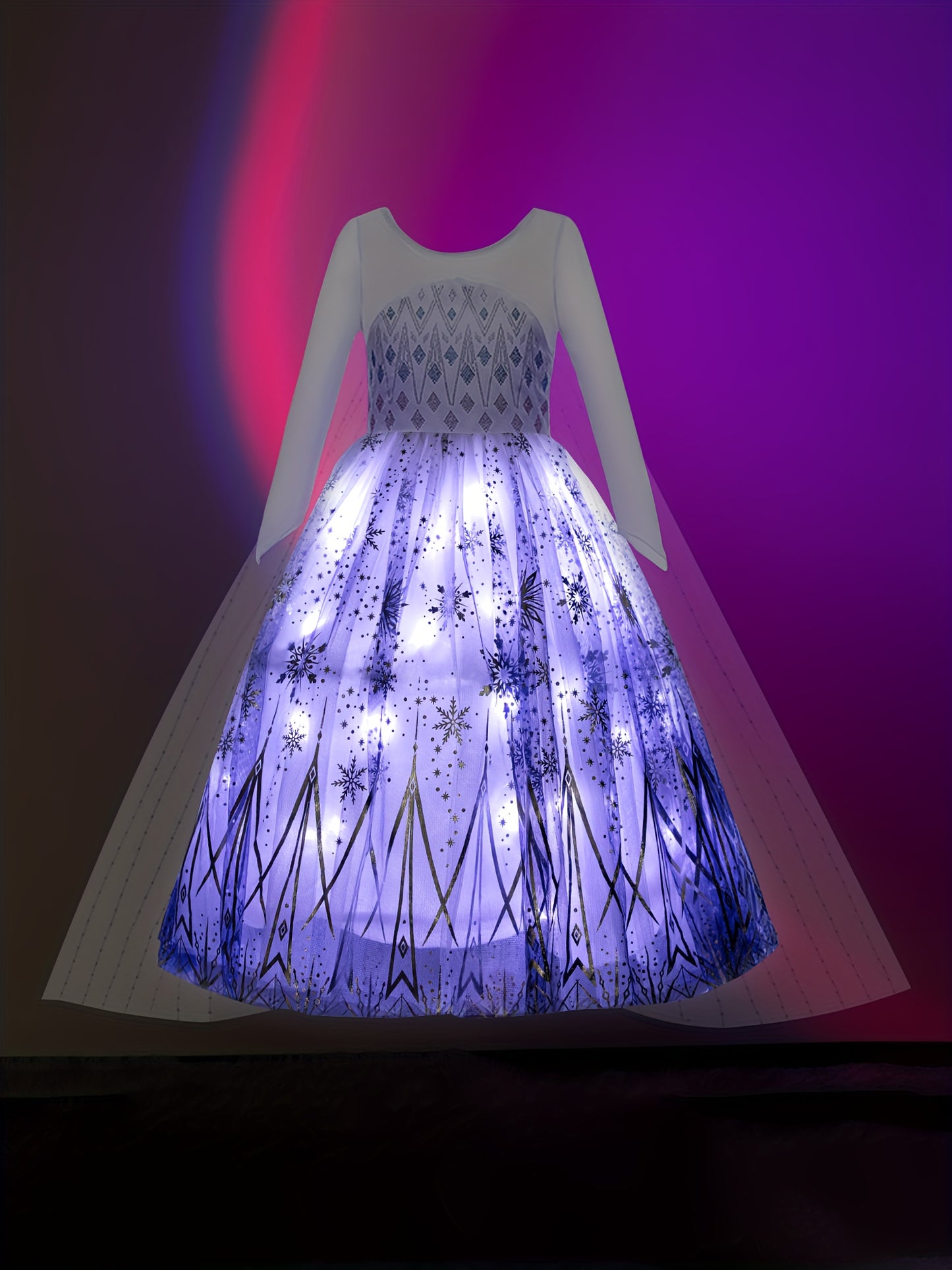 Girls Stunning & Elegant Long Sleeve Snowflakes Pattern Mesh LED Light Up Tutu Princess Dress With Cape, Dress Up Clothing For Halloween & Ball & Prom