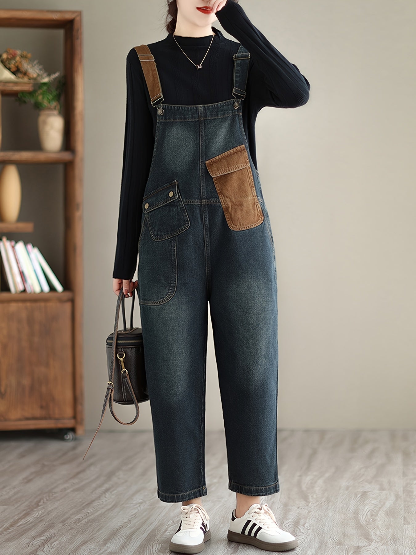 Color Block Patchwork Loose Fit Streetwear Retro Style Denim Overalls Dungarees, Women's Denim Jeans & Clothing