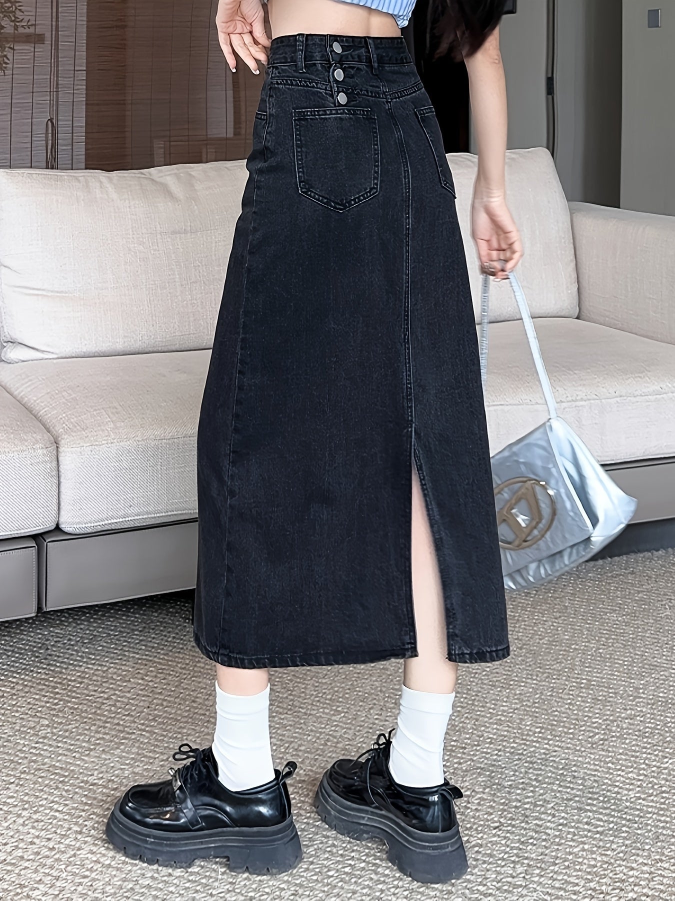 High Waisted Retro Style Midi Denim Skirt for Women - Loose Fit, Plain Black Color, Versatile and Chic