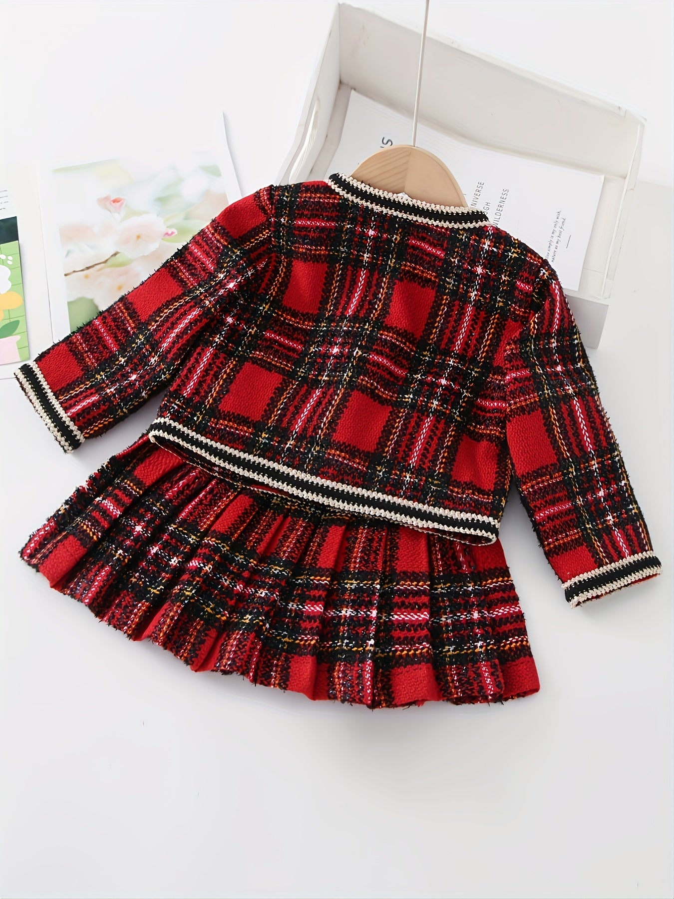 2PCS Plaid Button Front Jacket + Pleated Skirt Set Kids Outdoor Clothes For Girls Spring Fall Christmas Gift