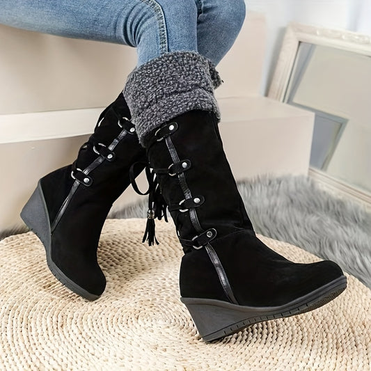 Stylish Plush Lined Wedge Heeled Boots - Knee-High Comfortable Dress Boots with Slip-On Design and Soft Inners for Women - Perfect for Casual and Formal Occasions