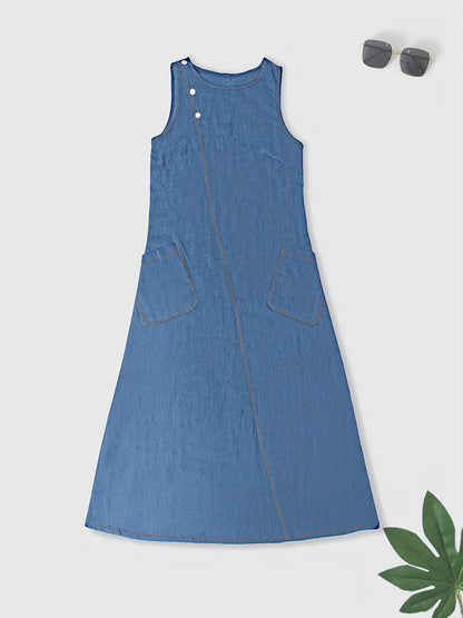 Plain Washed Blue Buttons Casual Style Patch Pocket Sleeveless Maxi Denim Dress, Women's Denim Jeans & Clothing