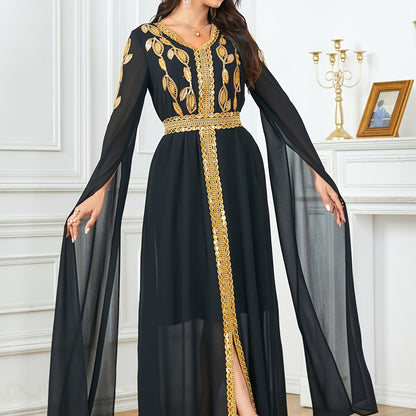 Luxurious Embroidered V-Neck Kaftan Maxi Dress - Elegant Tied Waist, Flowy Cape Sleeves, Comfortable Women's Clothing for Special Occasions - Perfect for Formal Events, Weddings, and Parties