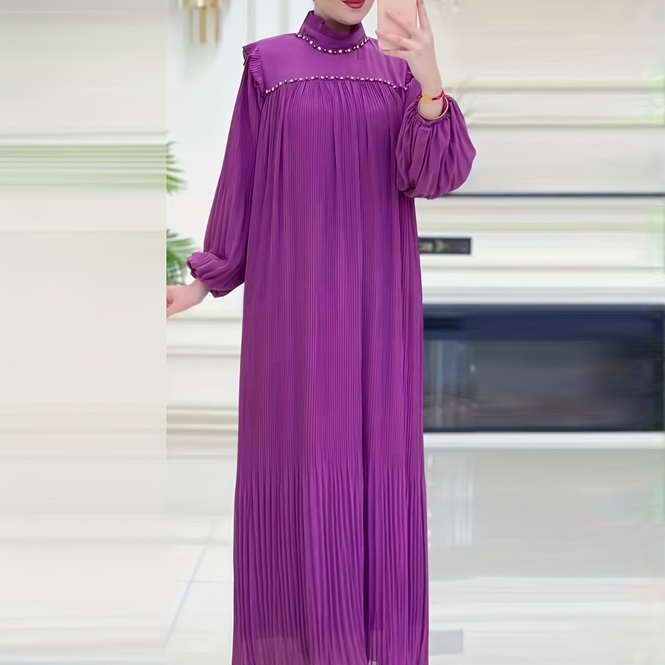 Sparkling Ramadan Elegance - Rhinestoned Pleated Mock Neck Maxi Dress with Adjustable Tie Waist and Lantern Sleeves - A Modest, Timeless Choice for Women