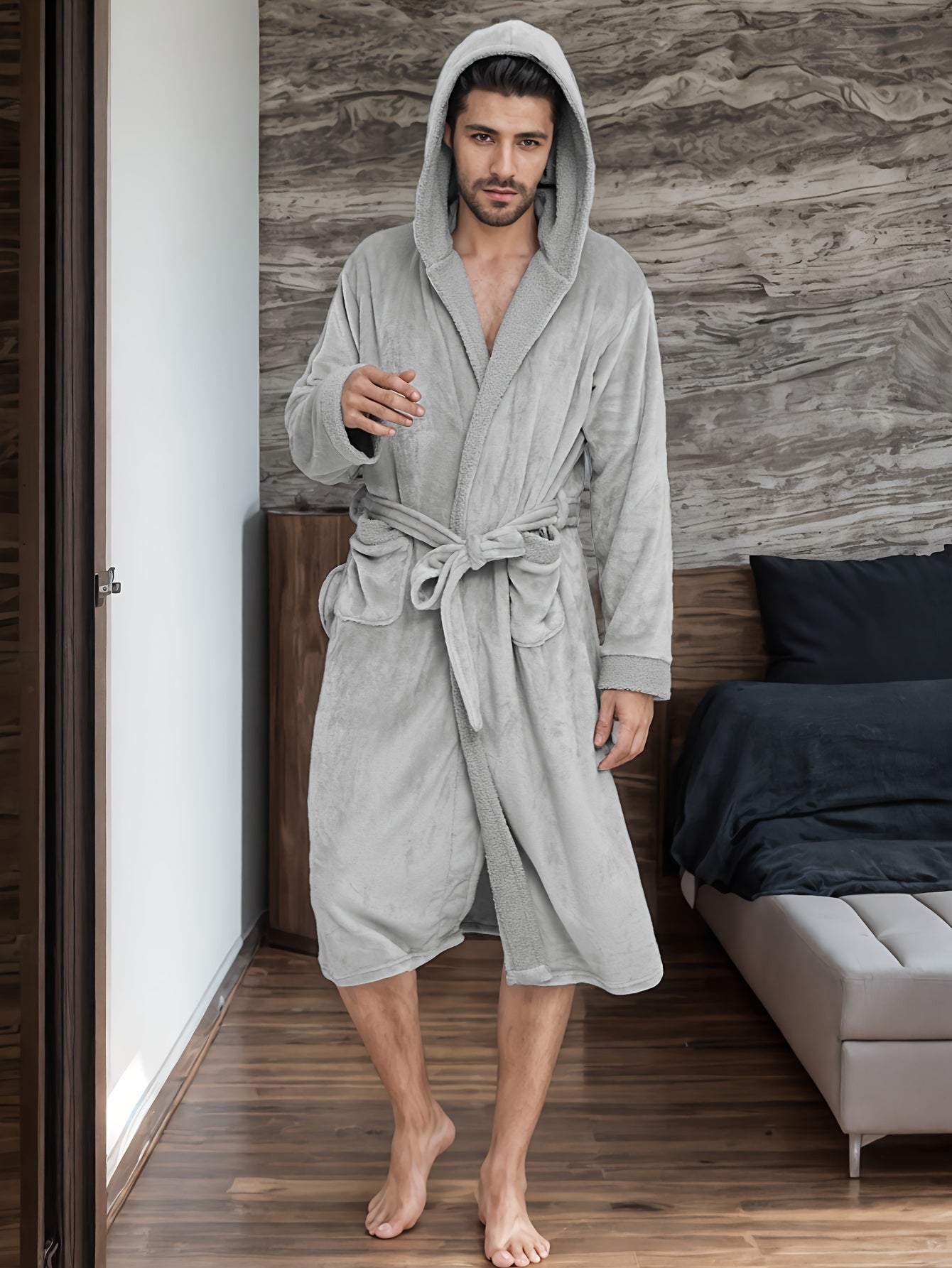 Men's Elegant Solid Hooded Flannel Plush Bathrobe, Soft, Cozy, Casual Long Sleeve Robe With Belt And Pockets, Autumn/Winter