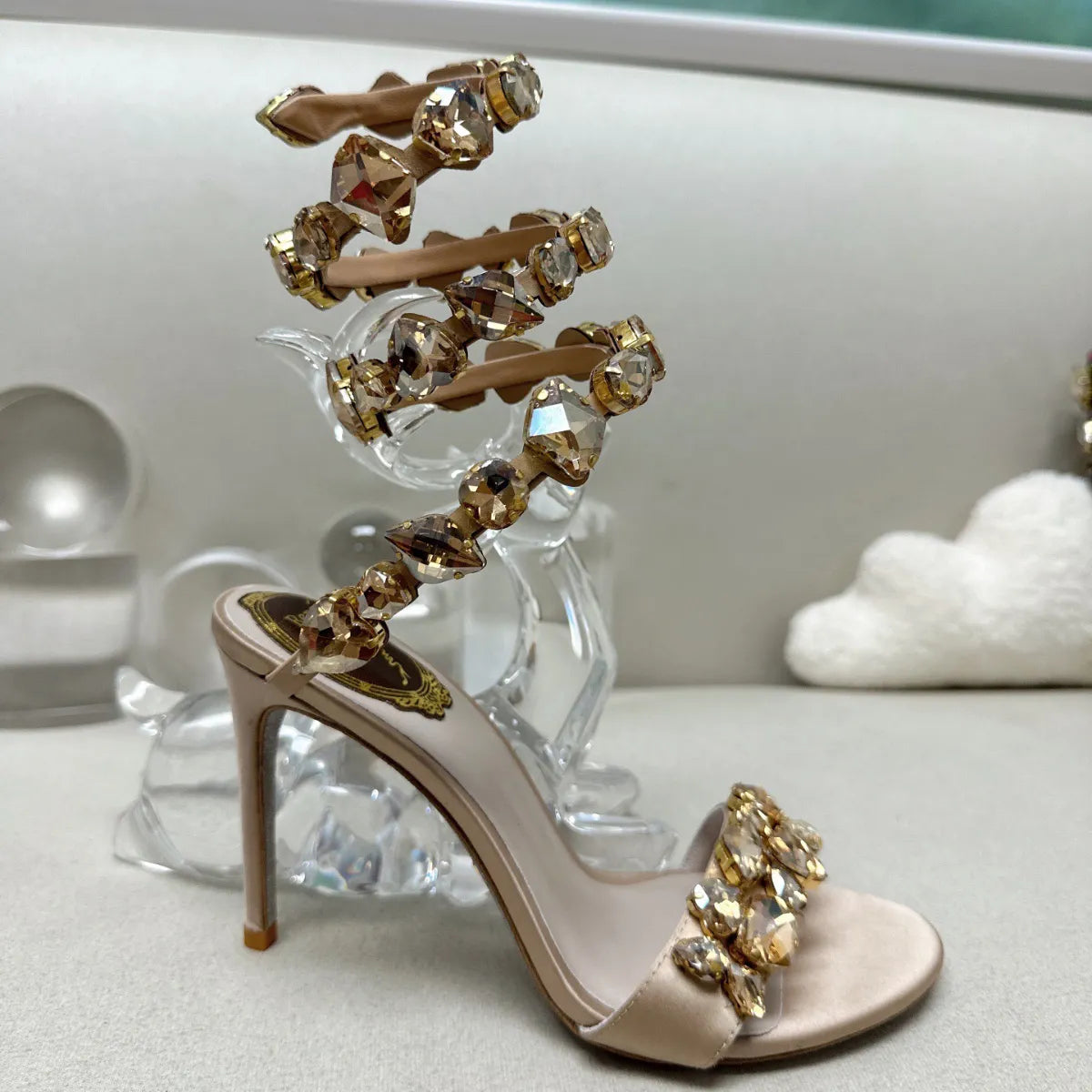 Rene Caovilla Cleo sandals Pearl Crystals Gem Embellished stiletto Heels Evening shoes women high heeled Luxury Designers Wraparound Dress shoes factory footwear