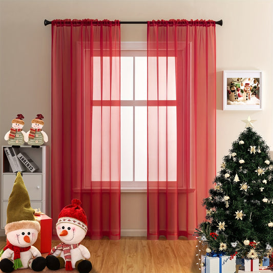 1 Panel Christmas Color Rod Pocket Voile Sheer Curtain Sunlight Filtering Privacy Protector Polyester Sheer Curtain For Bedroom Patio Door Home Decor