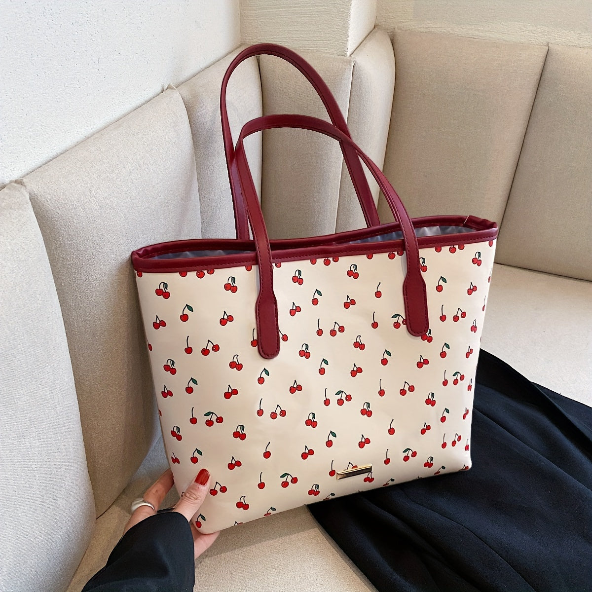 Adorable Cherry Print Tote Bag - Spacious Shoulder Bag for Women - Versatile Casual Style for Everyday Adventures