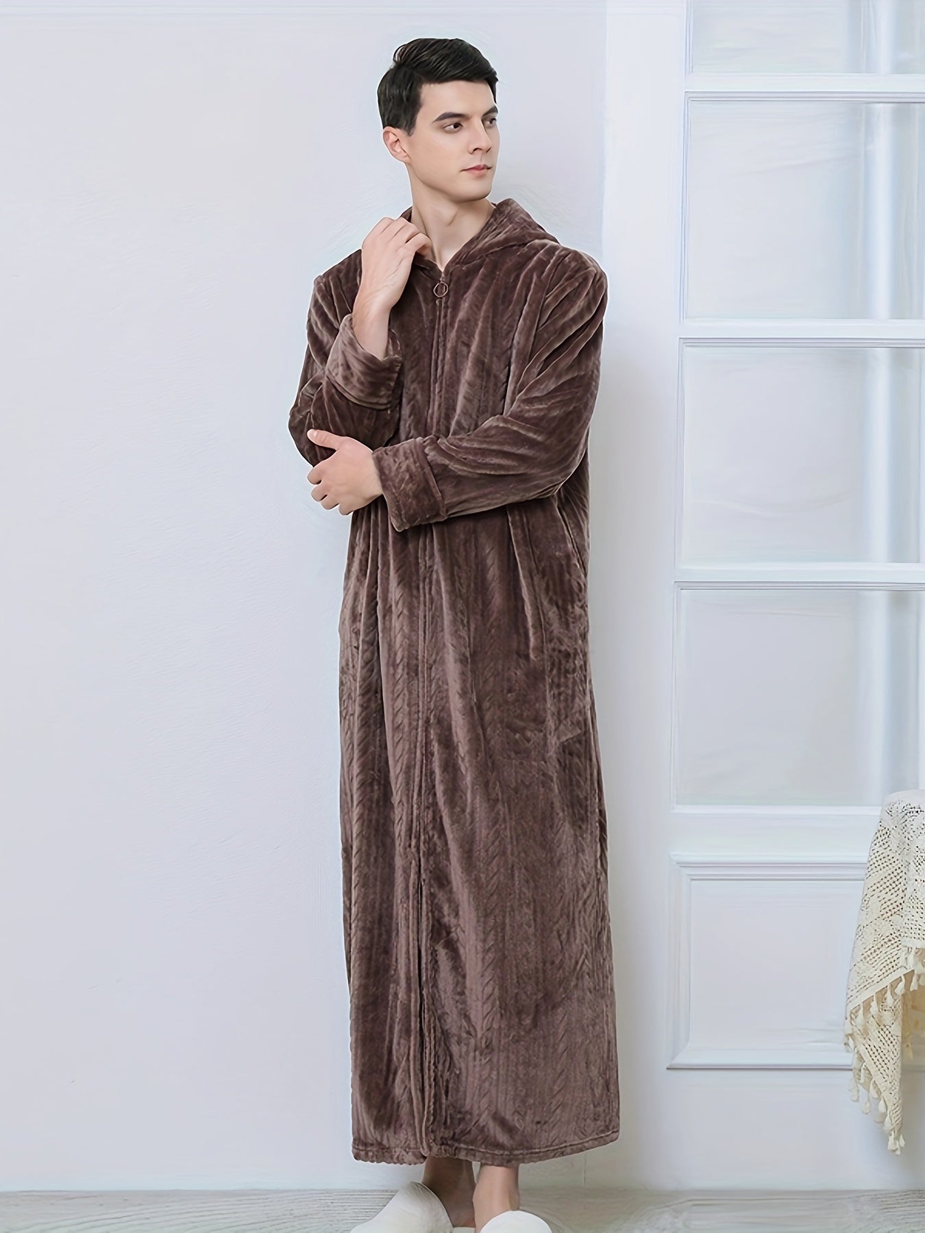 Men's Trendy Pajamas Hooded Warm Cozy Flannel Robe After Bath, Solid Fleece Zip Up Comfy Hoodie Lounge Wear With Hair Dry Hat