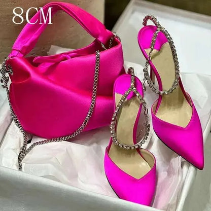 European Girls High Heels  New Summer Rhine-Diamond Chain Pointy Pink Sexy Skinny Toe Satin Pumps Kq8