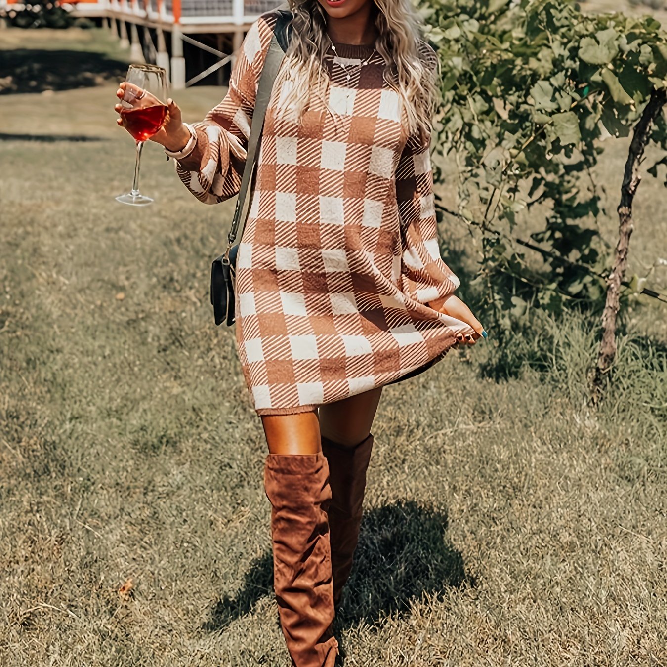 Cozy Chic Plaid Print Sweater Dress - Women's Casual Crew Neck Long Sleeve Dresses for Autumn Winter - Soft, Warm, and Comfortable Clothing for Ladies