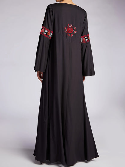 Elegant Long Sleeve Kaftan Dress for Women - Embroidered Maxi for Ramadan, Perfect Crew Neck Attire for Fall & Winter