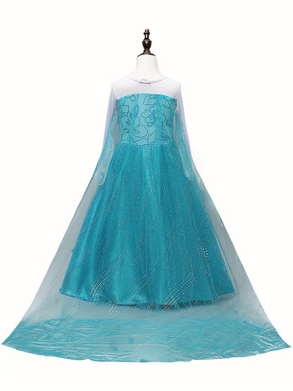 Elegant Girls Splicing Long Sleeve Princess Dress With Cape For Party Performance Birthday Carnival Gift