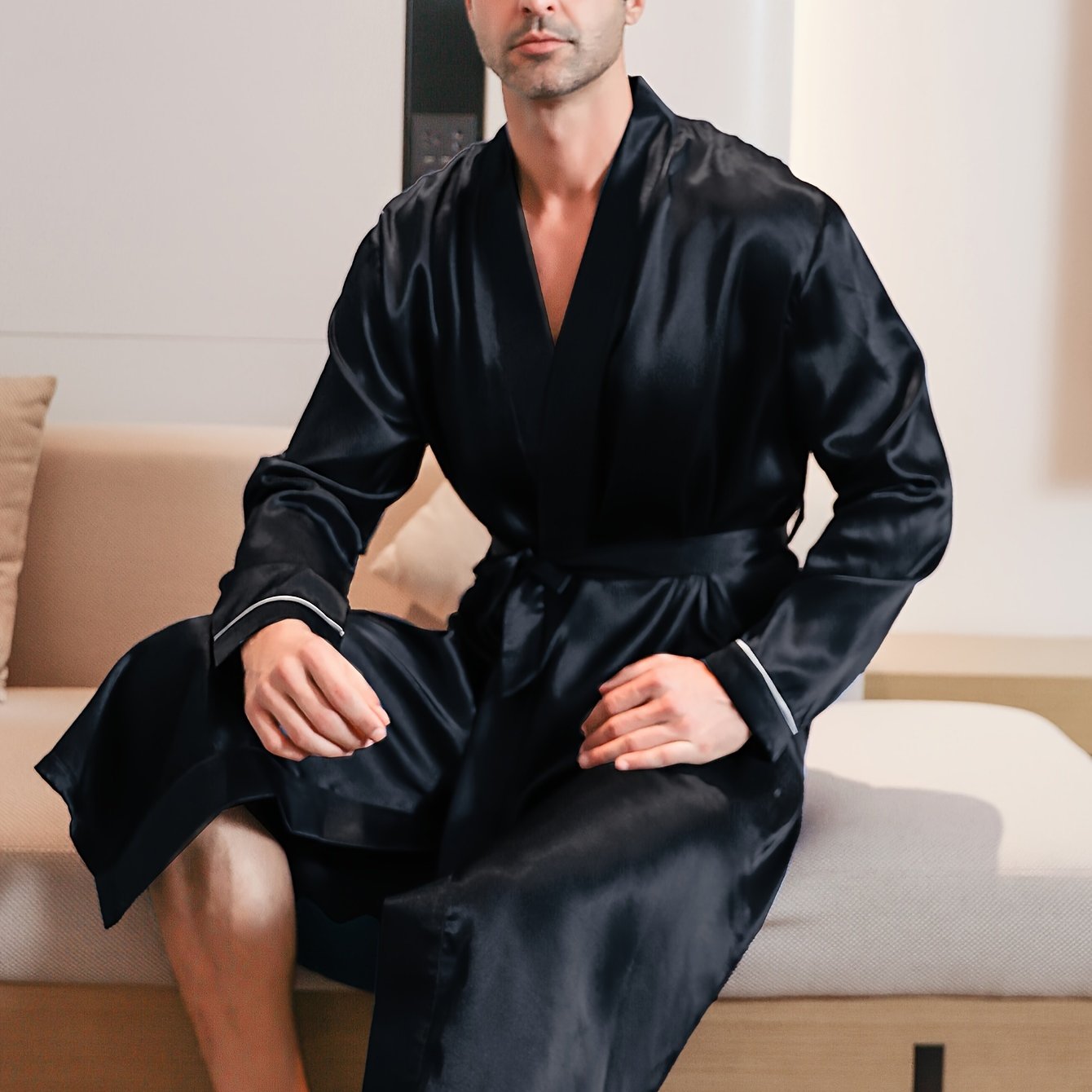 Mens Long Sleeve V-Neck Robe - Lightweight, Breathable, Soft Polyester Ice Silk Fabric with Waist Tie for Comfortable Lounge Wear in Spring, Summer and Fall Seasons - Regular Fit, Solid Color, Woven Robe Set