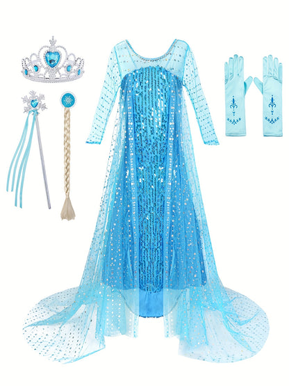 Girl's Princess Dress With Accessories Sets, Sequin Decor Long Sleeve Dress, Tulle Cloak, Ice And Snow Queen Cosplay Outfits, Halloween Holiday Party Prom Birthday Performance Costume, Kids Clothes