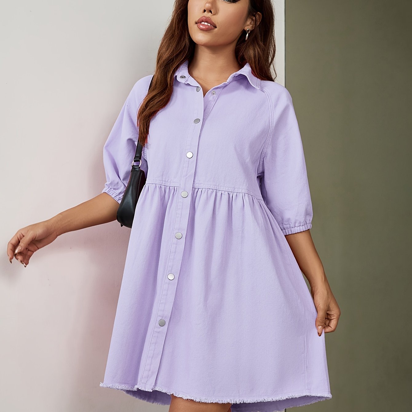 Women's Plain Denim Dress Casual Elastic Short Sleeve With Frayed Hem And Button Front