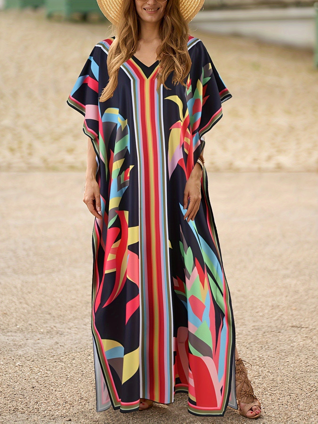 Stunning Allover Print V-Neck Kaftan Maxi Dress - Elegant Batwing Sleeve, Loose Fit, Flowy, Comfortable, Versatile, and Chic - Women's Clothing for Summer, Vacation, and Daily Wear