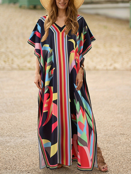 Stunning Allover Print V-Neck Kaftan Maxi Dress - Elegant Batwing Sleeve, Loose Fit, Flowy, Comfortable, Versatile, and Chic - Women's Clothing for Summer, Vacation, and Daily Wear