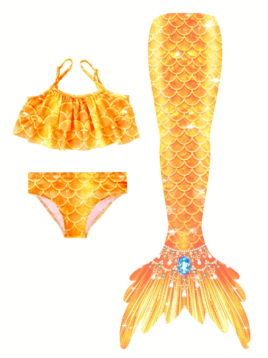 3pcs/set Mermaid Princess Dress Up Outfit - High Stretch, Allover Fish Scales Pattern, Cami Ruffle Hem Top & Brief & Mermaid Tail Skirt for Girls, Perfect for Pool Party, Photo Shoot, and Dress-up Play