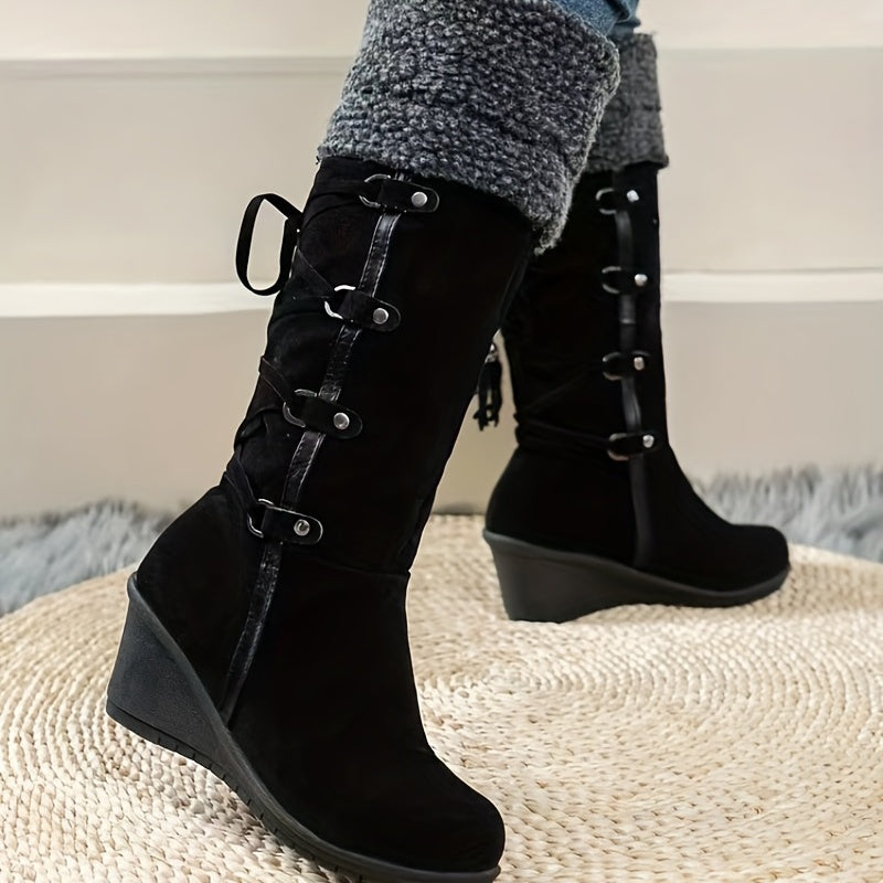 Stylish Plush Lined Wedge Heeled Boots - Knee-High Comfortable Dress Boots with Slip-On Design and Soft Inners for Women - Perfect for Casual and Formal Occasions