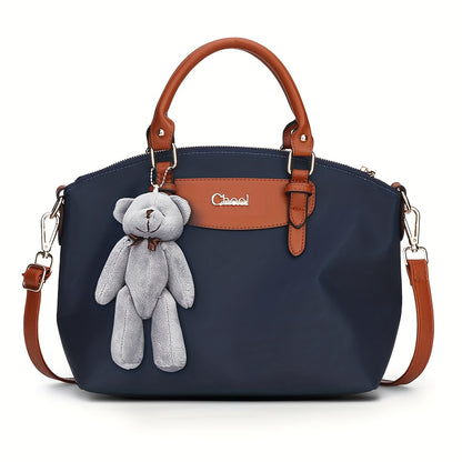 Classic Oxford Cloth Crossbody Bag for Women - Adjustable Strap Nylon Shoulder Purse with Bear Charm