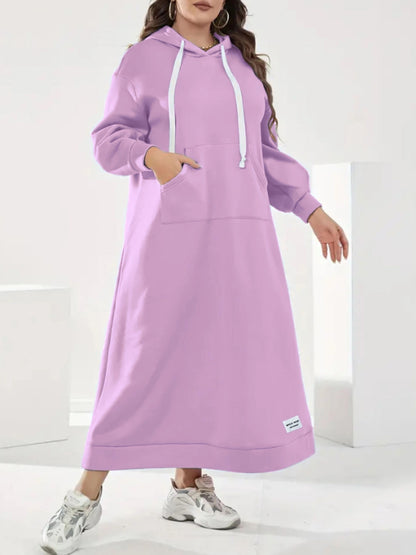 Plus Size Solid Hooded Sweatshirt Dress, Casual Long Sleeve Drawstring Kangaroo Pocket Maxi Dress For Fall & Winter, Women's Plus Size Clothing