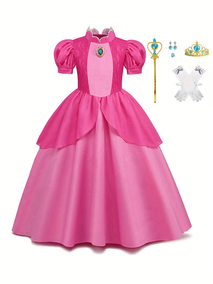 Girls Halloween Costume Princess Dress With Jewel, Puff Sleeves Dress