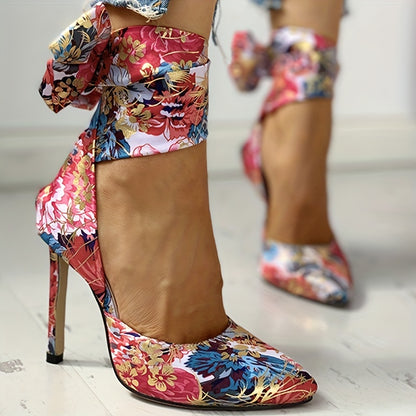 Chic Floral Satin Stiletto Sandals with Lace-Up Closure, Elegant Pointed Toe Design, Strappy Ultra High Heels for Evening Elegance