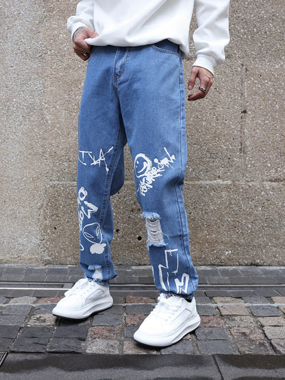 Fashionable Design Men's Graffiti Style Pattern Ripped Denim Jeans, Stylish And Trendy Cotton Blend Pants For Street Leisurewear