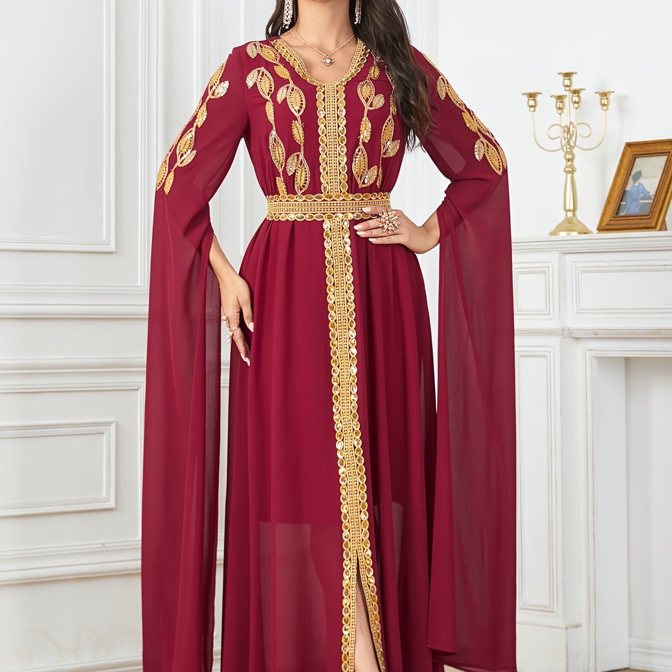 Luxurious Embroidered V-Neck Kaftan Maxi Dress - Elegant Tied Waist, Flowy Cape Sleeves, Comfortable Women's Clothing for Special Occasions - Perfect for Formal Events, Weddings, and Parties