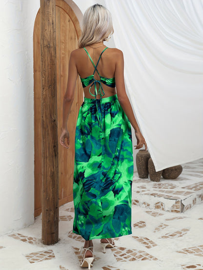 IKEARLAX Easy-Care V-Neck Floral Spaghetti Dress - Non-Sheer, Backless with Cross-Strap Detail, Perfect for Vacation Wear