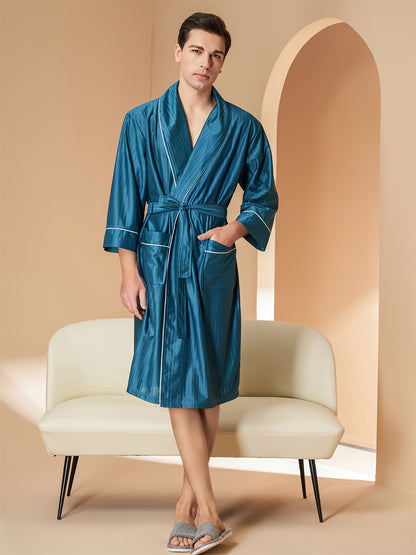 Men's Comfy Solid Glossy Robe With Pocket, Home Pajamas Wear One-piece Lace Up Kimono Night-robe Sets After Bath